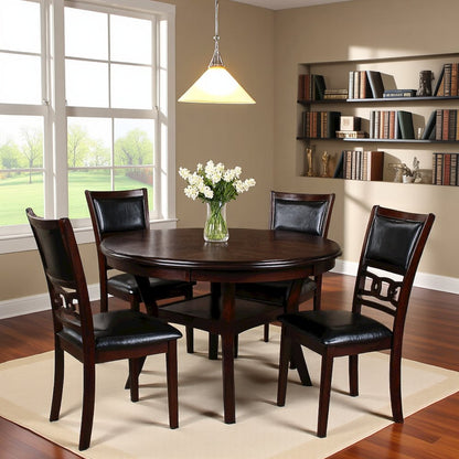 Dark Brown Solid Wood Dining Table with 4 Chairs, 47" Round Table with Storage