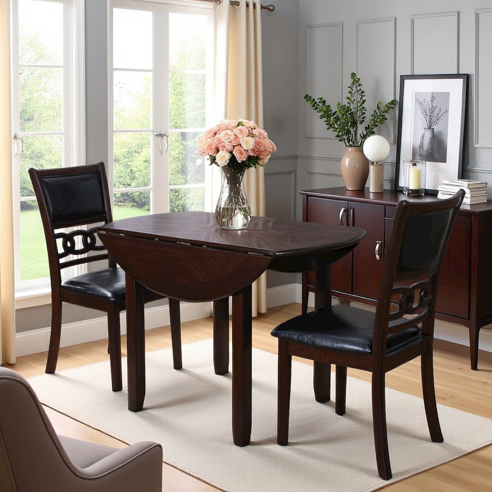 Brown Drop Leaf Table and Chairs Set, Compact Round Dining Table with 2 Chairs