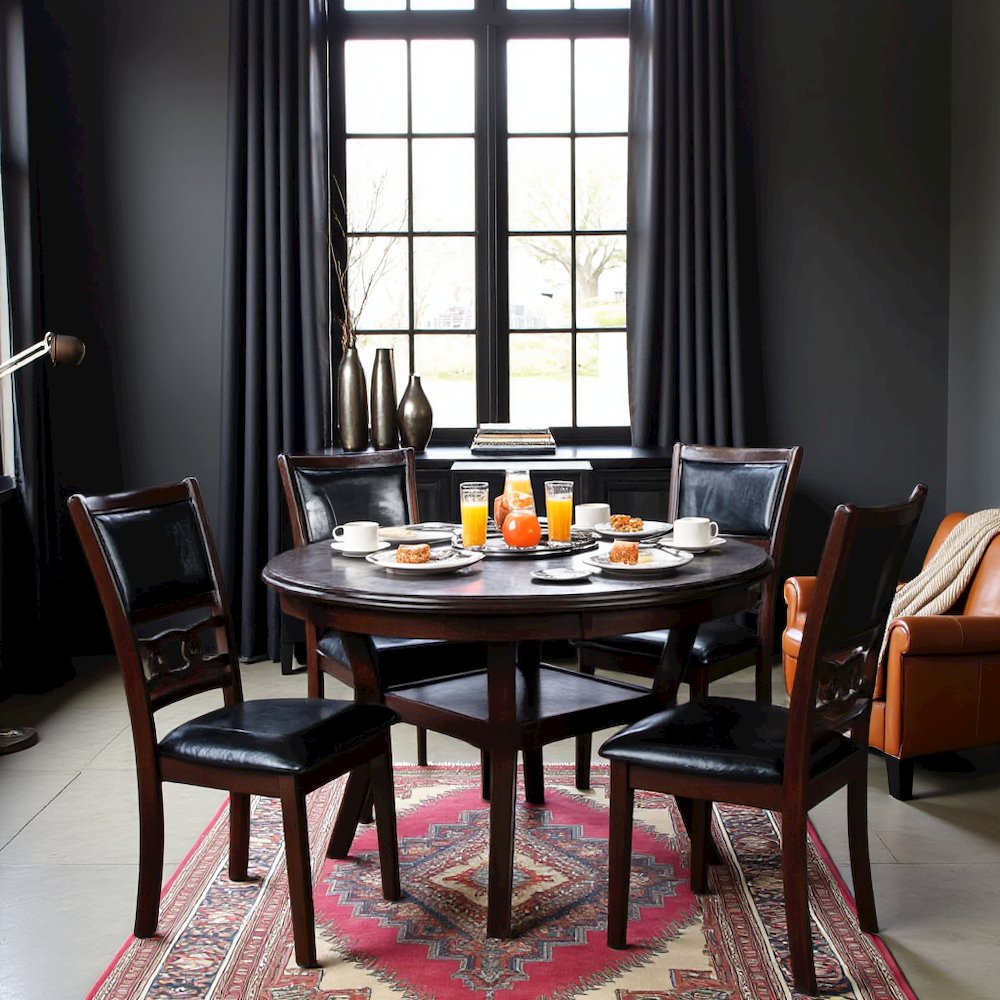 Dark Brown Solid Wood Dining Table with 4 Chairs, 47" Round Table with Storage
