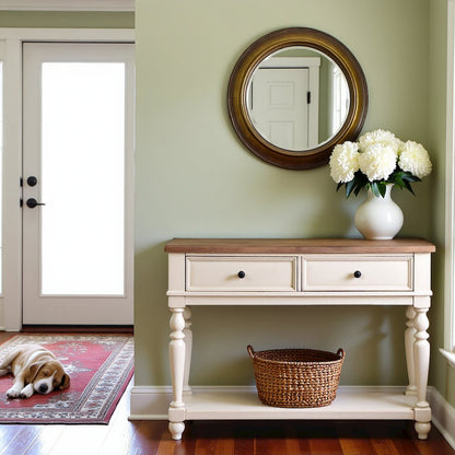 White Rustic Sideboard Solid Wood Vintage Console Table With Drawers