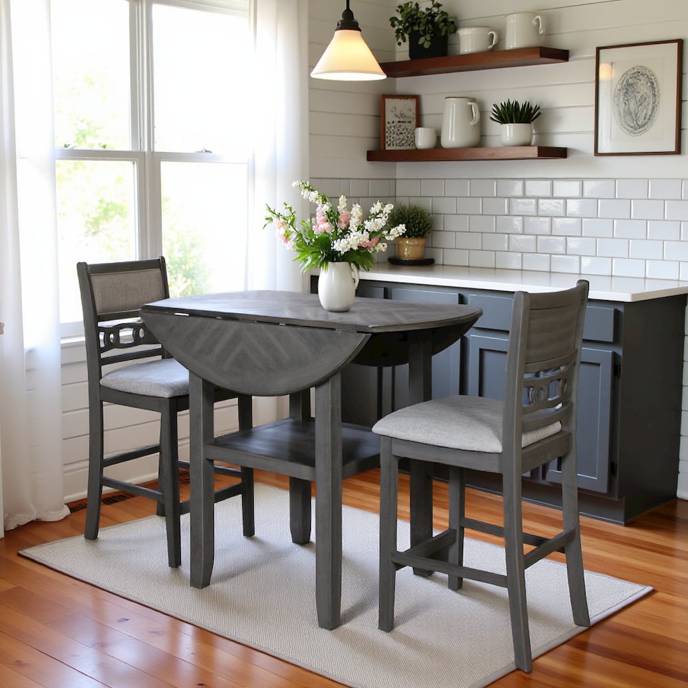 Gray 3 Piece Drop Leaf Table and 2 Chairs, Small Round Dining Table Set