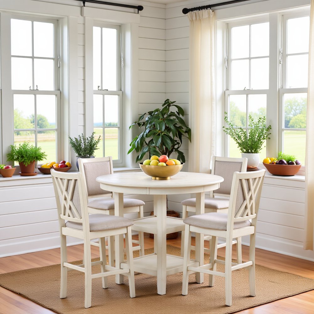 Farmhouse 5 Piece Dining Table Set, Round Kitchen Table,Chairs for 4 in Beige