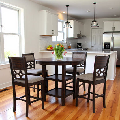 Brown Cherry 5 Piece Dining Table Set with Storage, High Top Chairs Design