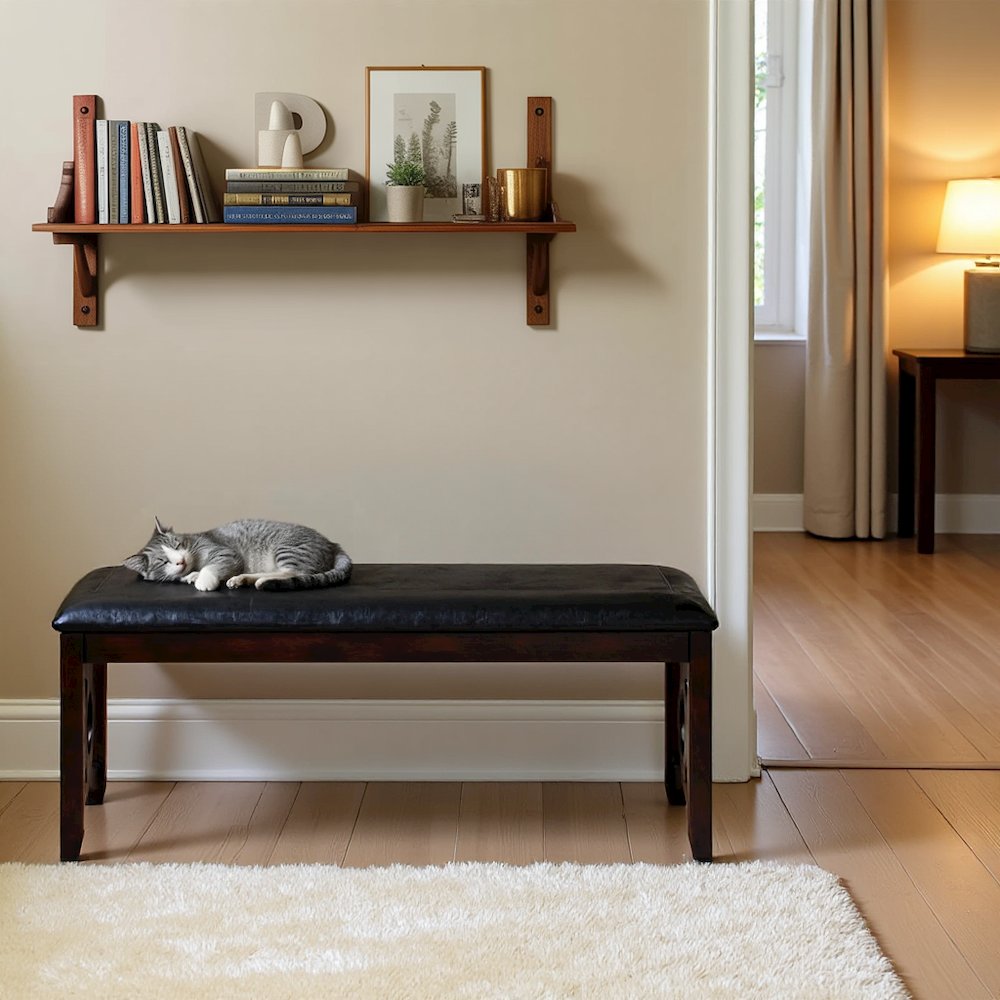 Ebony Black Solid Wood 46 Inch Faux Leather Vintage Bench For Living Room