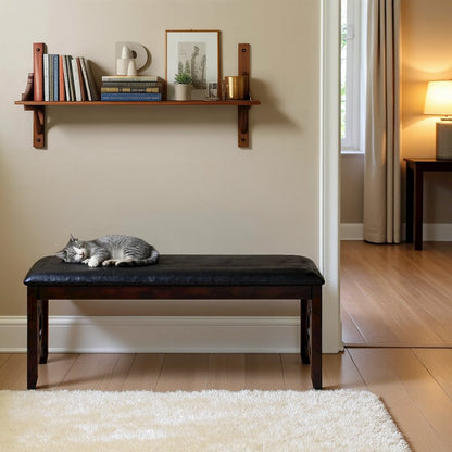 Ebony Black Solid Wood 46 Inch Faux Leather Vintage Bench For Living Room