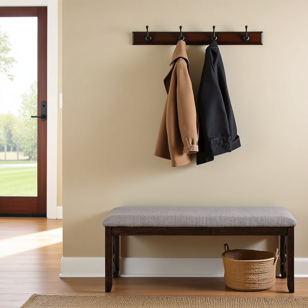 Brown Cherry Solid Wood 46 Inch Upholstered Bench For Dining Room