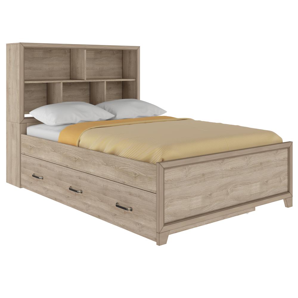 Kids Full Bed Bookcase Headboard with Trundle in River Birch Brown