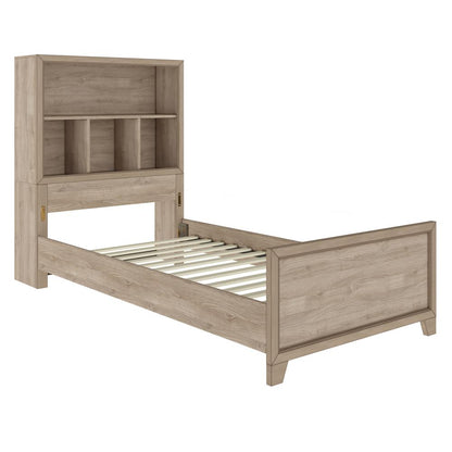 Kids Twin Bed Bookcase Headboard with Trundle in River Birch Brown