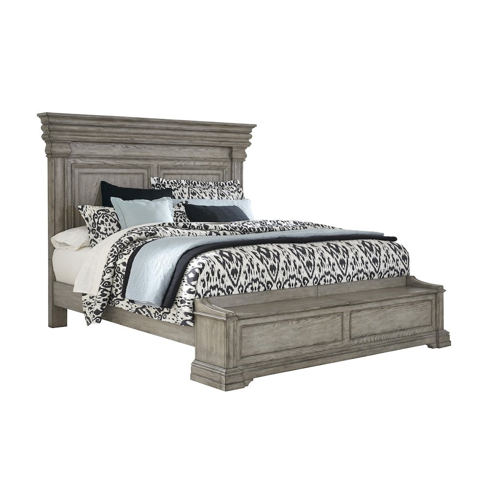 California King Panel Bed with Blanket Chest Footboard in Heritage Taupe