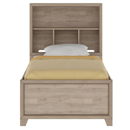 Kids Twin Bed Bookcase Headboard with Trundle in River Birch Brown
