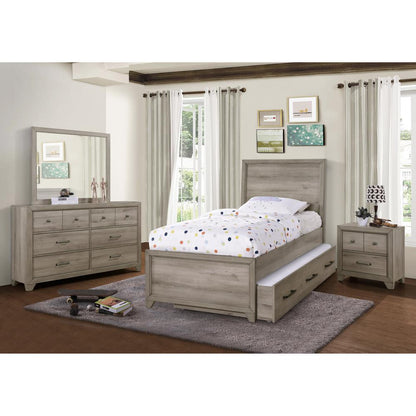 Kids Twin Bed Bookcase Headboard with Trundle in River Birch Brown