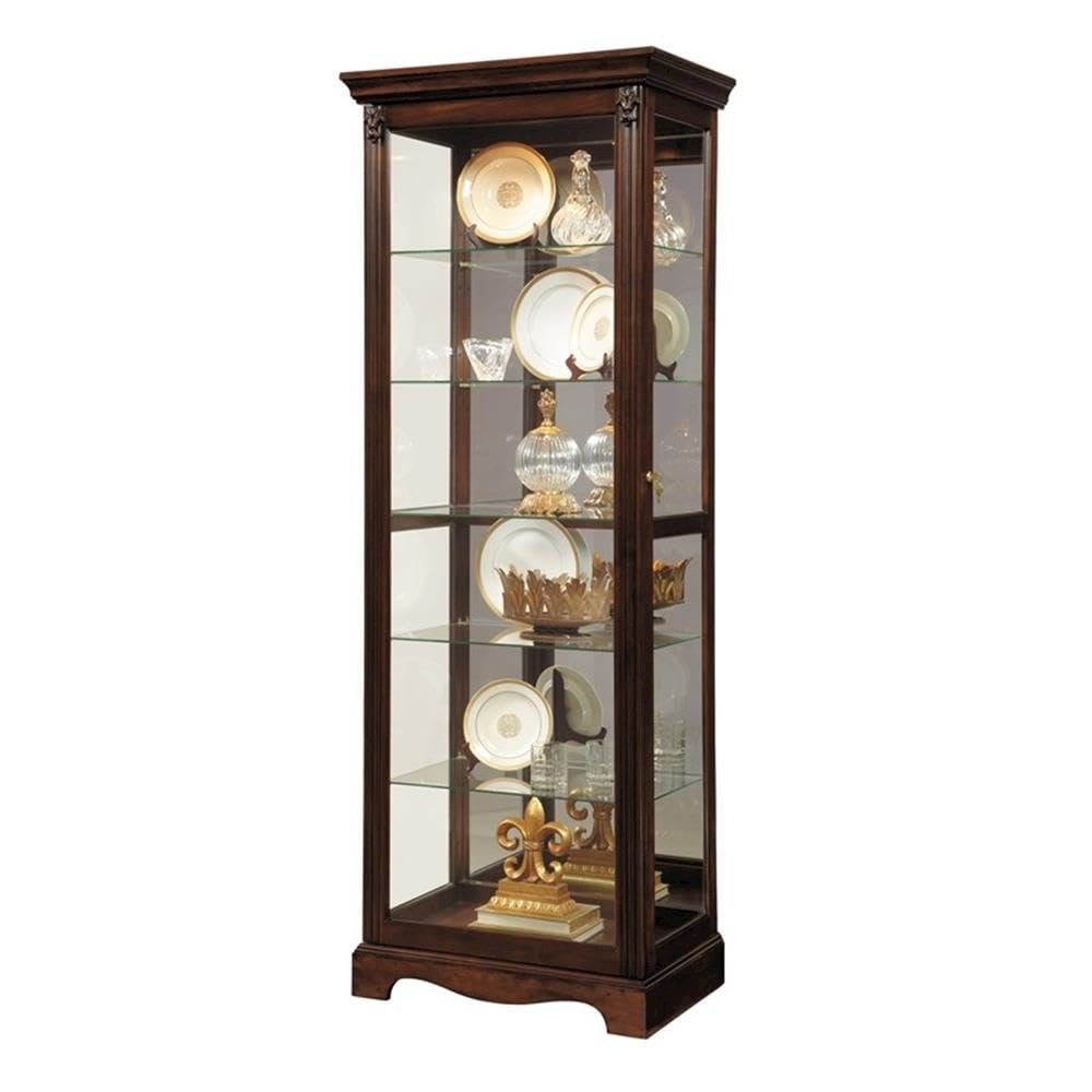 Carved 5 Shelf Mirrored Curio Cabinet in Cherry Brown
