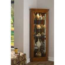 Mirrored 4 Shelf Corner Curio Cabinet in Golden Oak Brown
