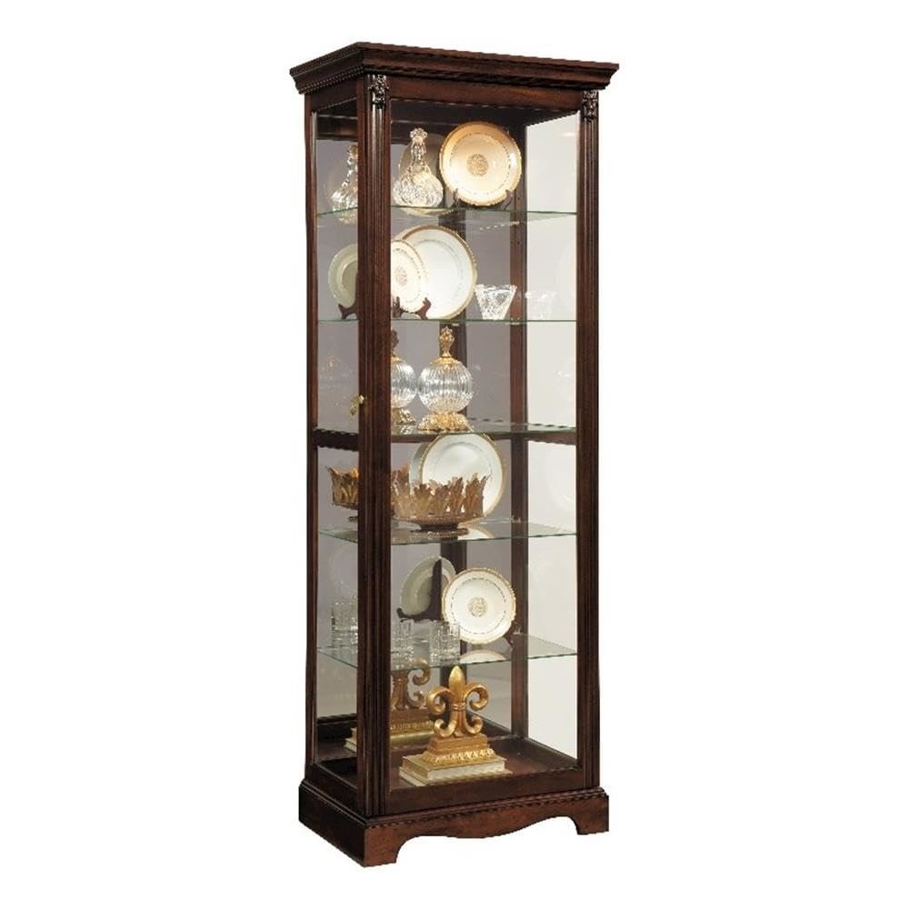 Carved 5 Shelf Mirrored Curio Cabinet in Cherry Brown