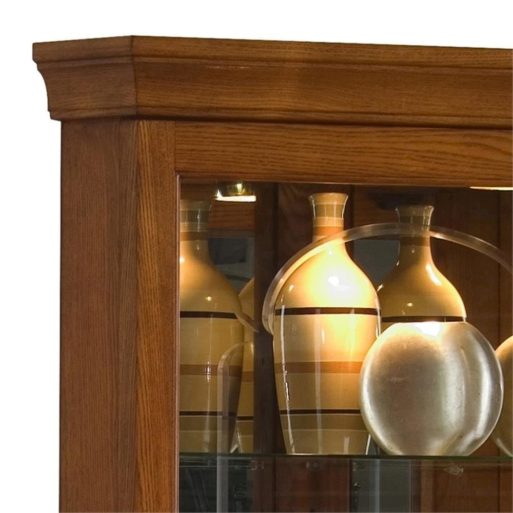 Mirrored 4 Shelf Corner Curio Cabinet in Golden Oak Brown