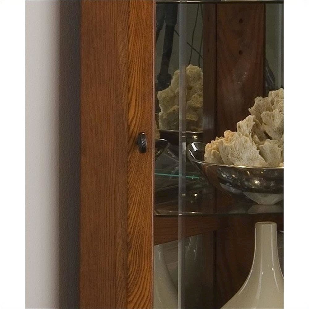 Mirrored 4 Shelf Corner Curio Cabinet in Golden Oak Brown
