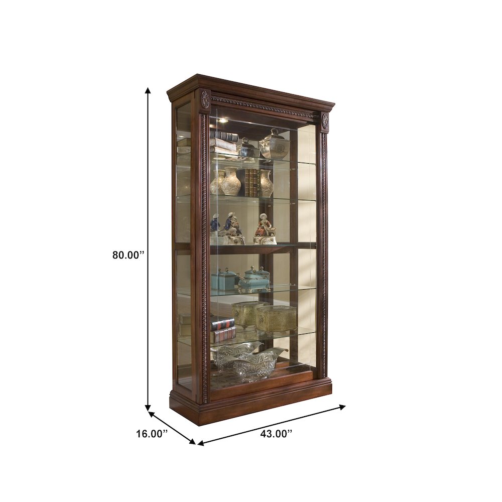 Lighted Sliding Door 5 Shelf Curio Cabinet in Cherry Brown