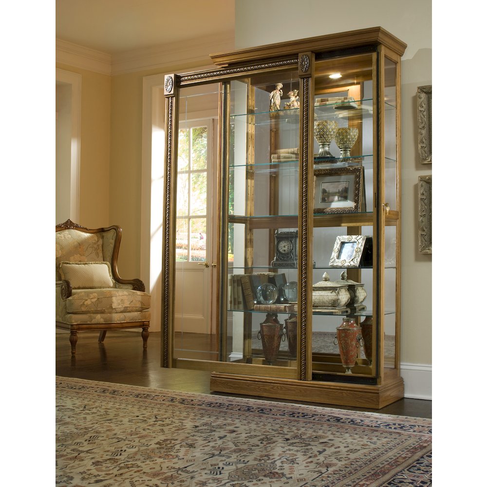 Lighted Sliding Door 5 Shelf Curio Cabinet in Maple Brown