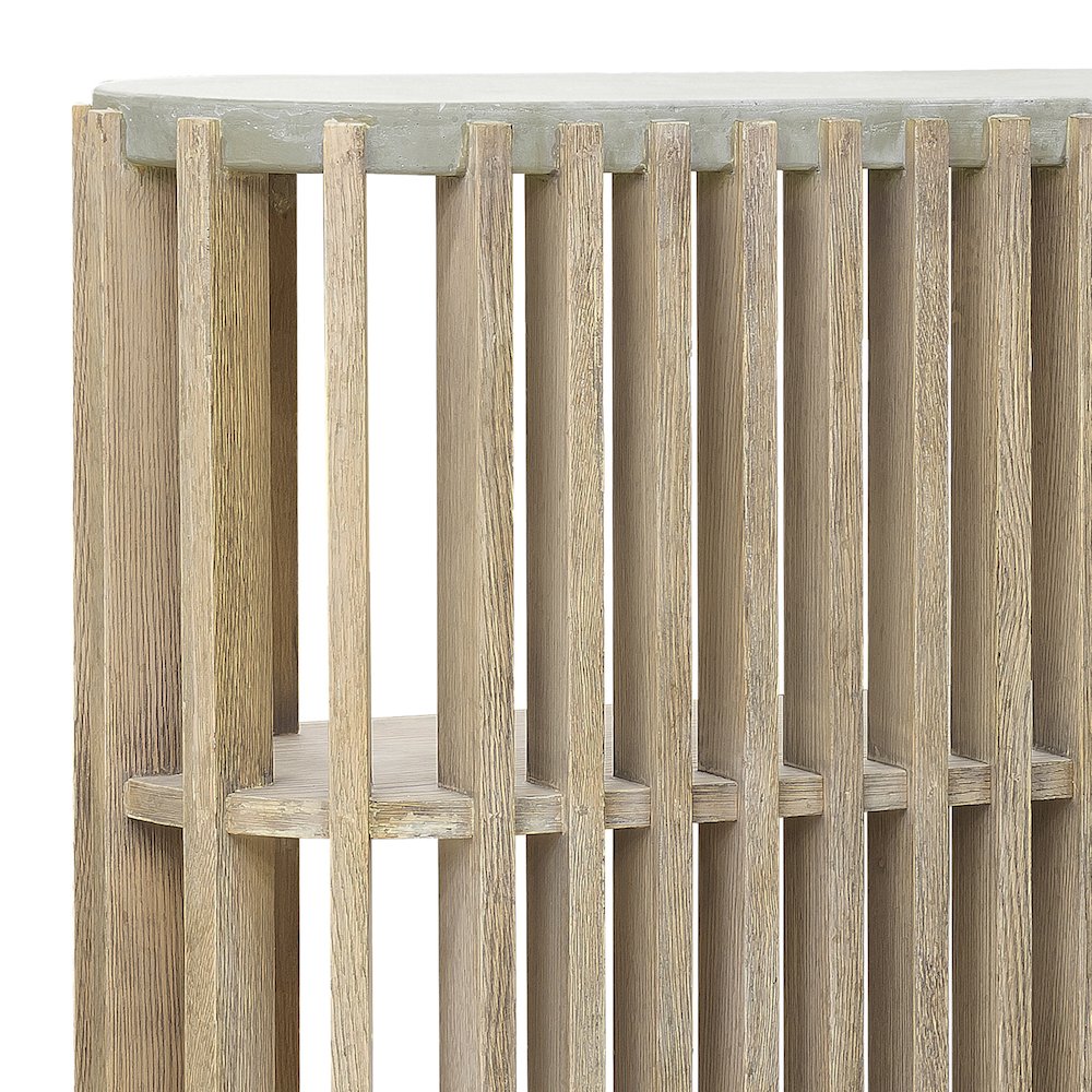 Wood Slat Display Console with Concrete Top