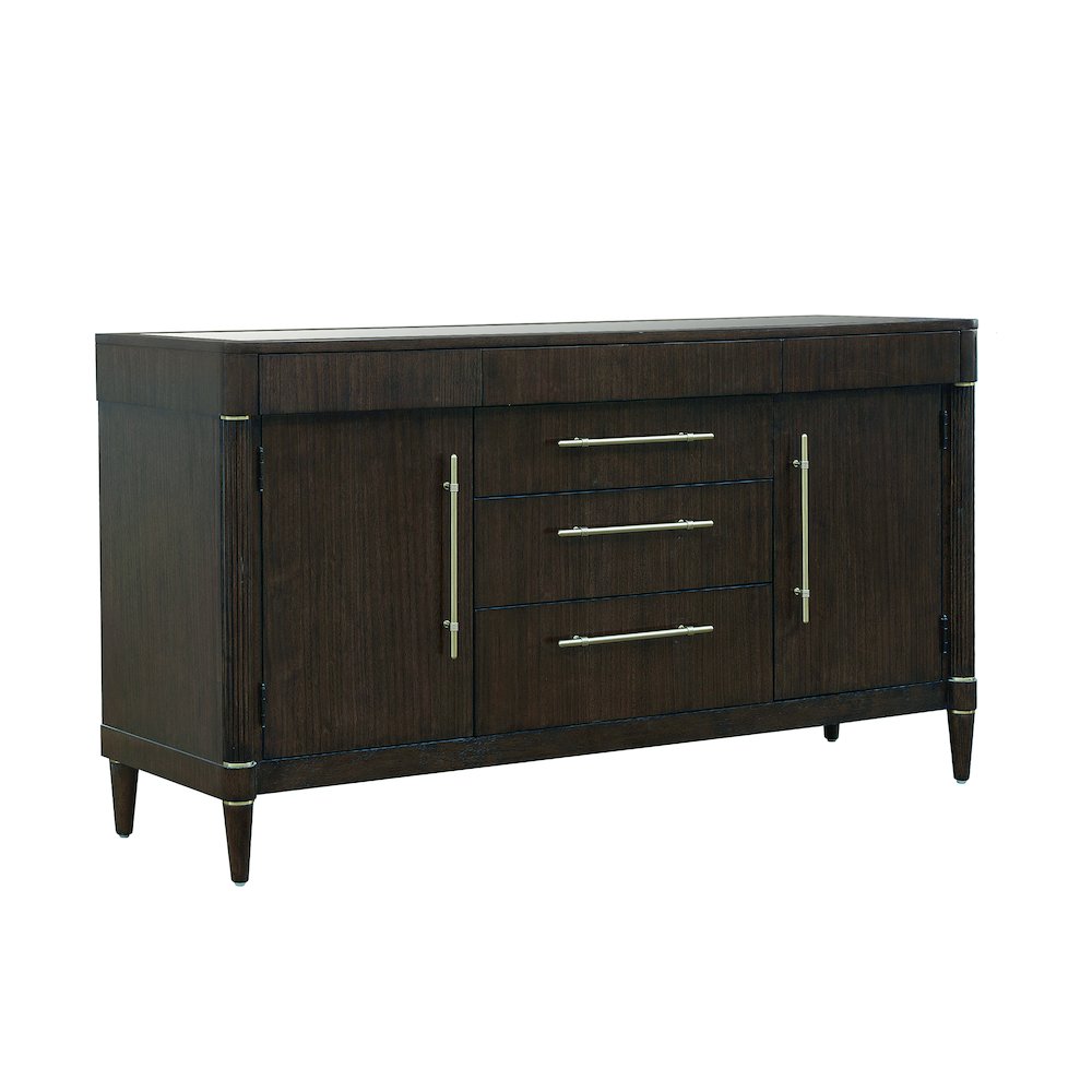 Asher Park Glass Top 2 Door Buffet with Storage Drawers, Piano Brown Finish