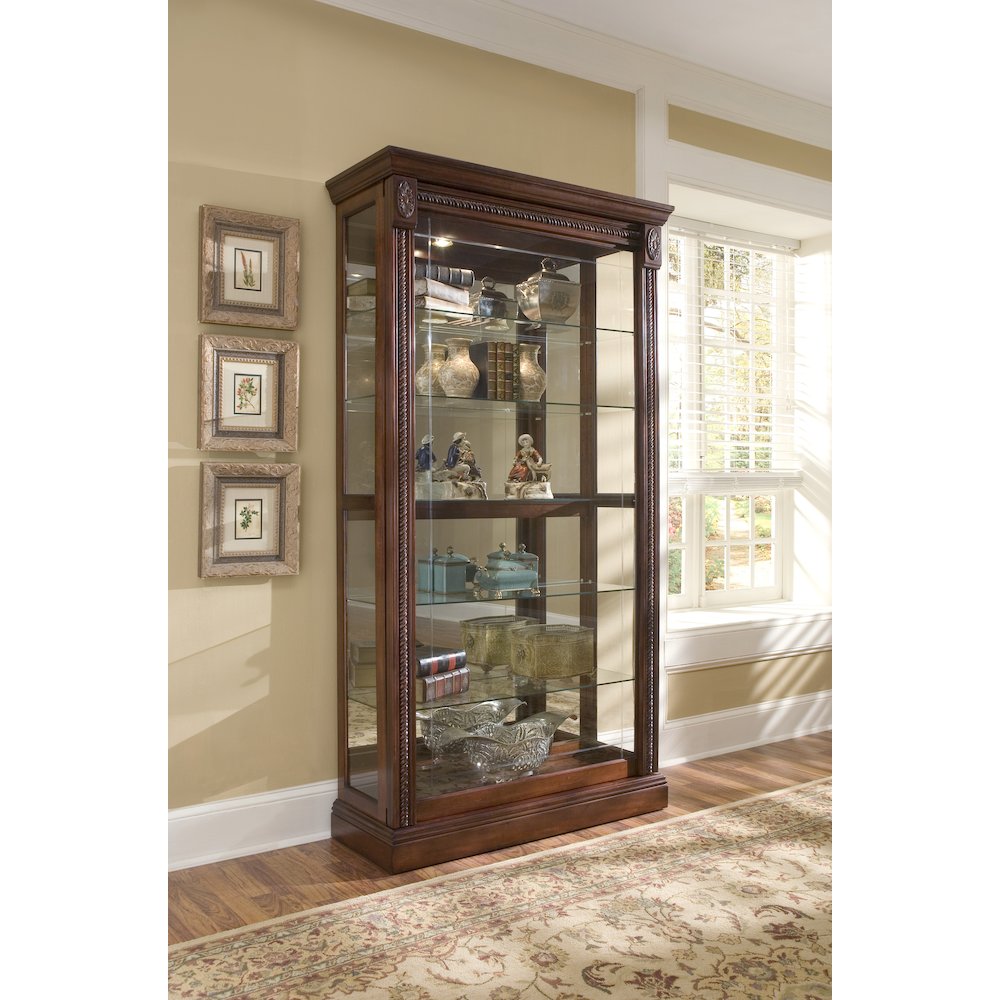 Lighted Sliding Door 5 Shelf Curio Cabinet in Cherry Brown