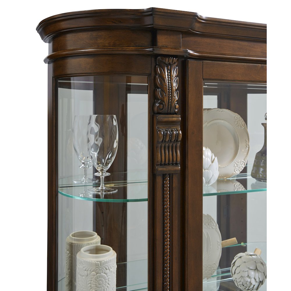 Lighted Curved Front 4 Shelf Curio Cabinet in Maple Brown