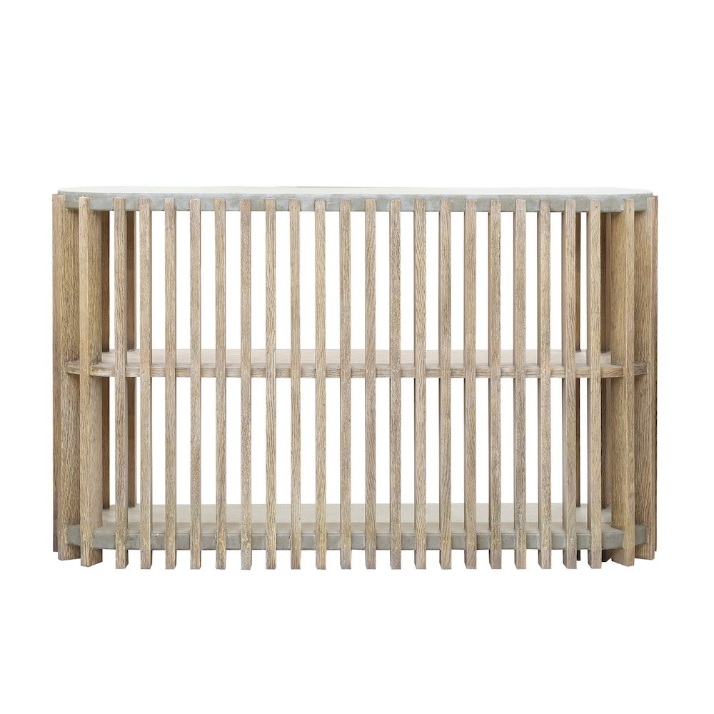 Wood Slat Display Console with Concrete Top