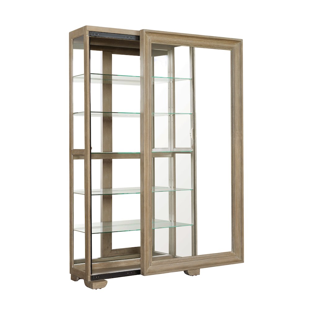 Light Wood Modern 5-Shelf Sliding Door Curio with LED Light