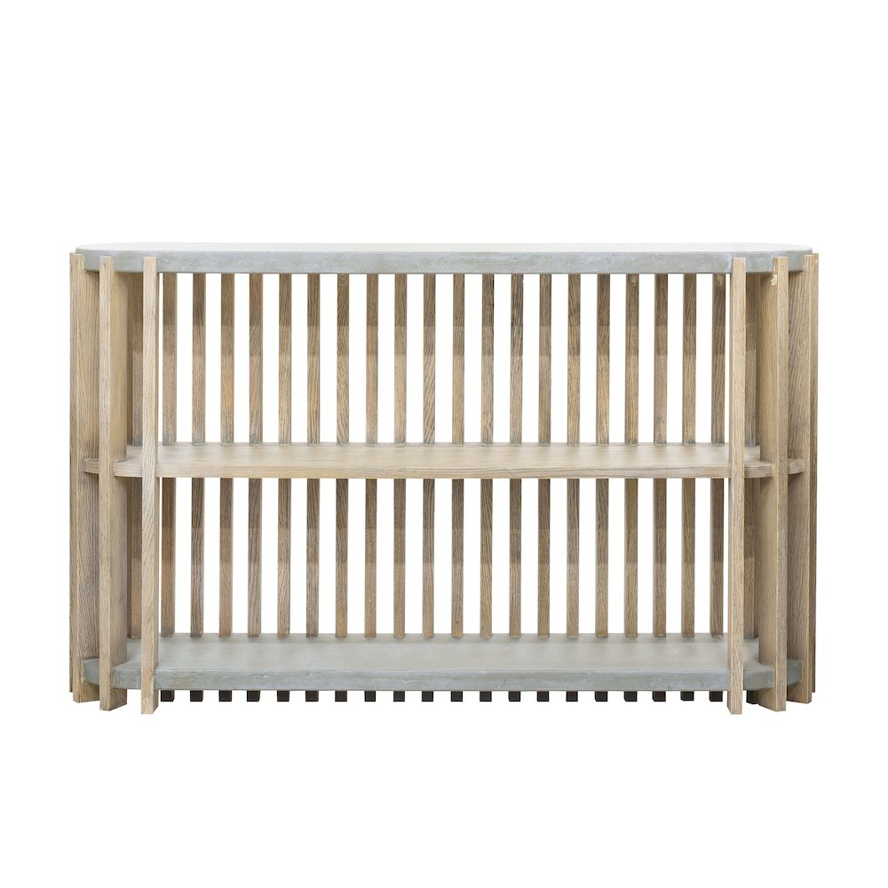Wood Slat Display Console with Concrete Top
