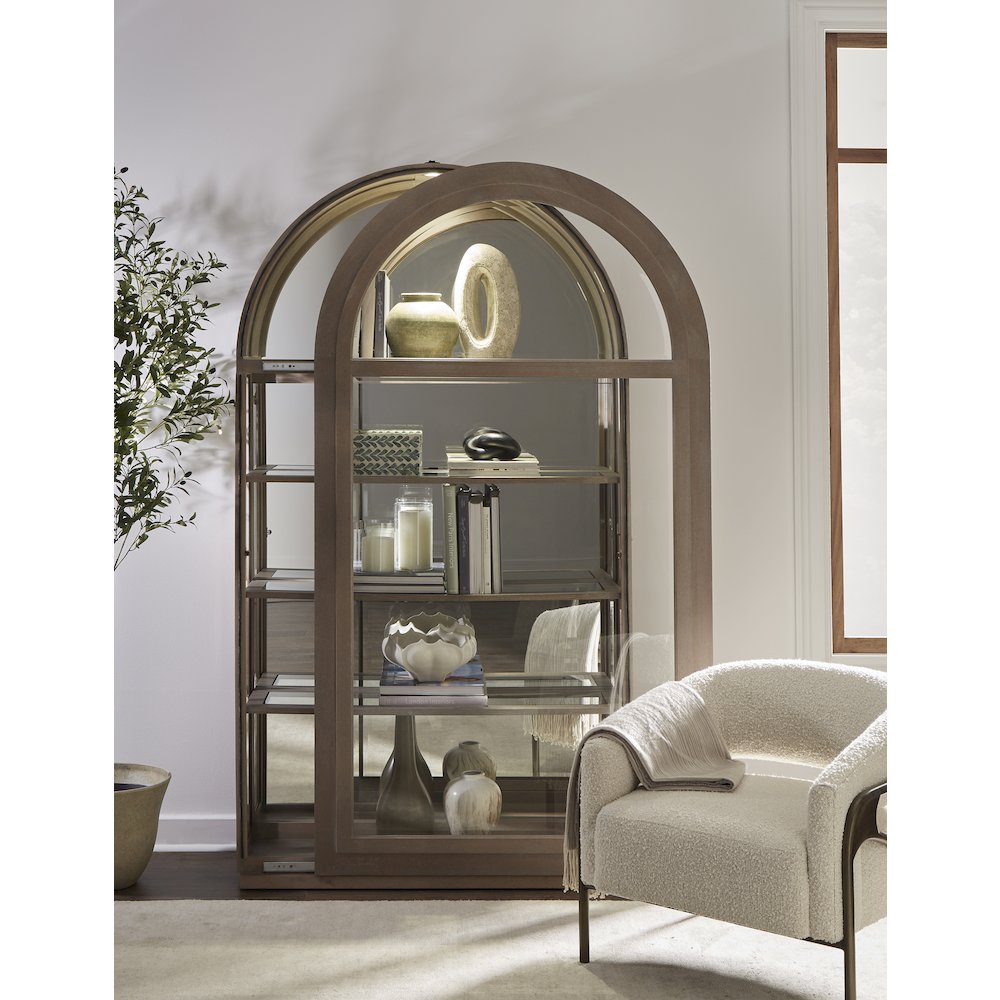 Arch Sliding Door Curio Cabinet, Medium Wood Finish