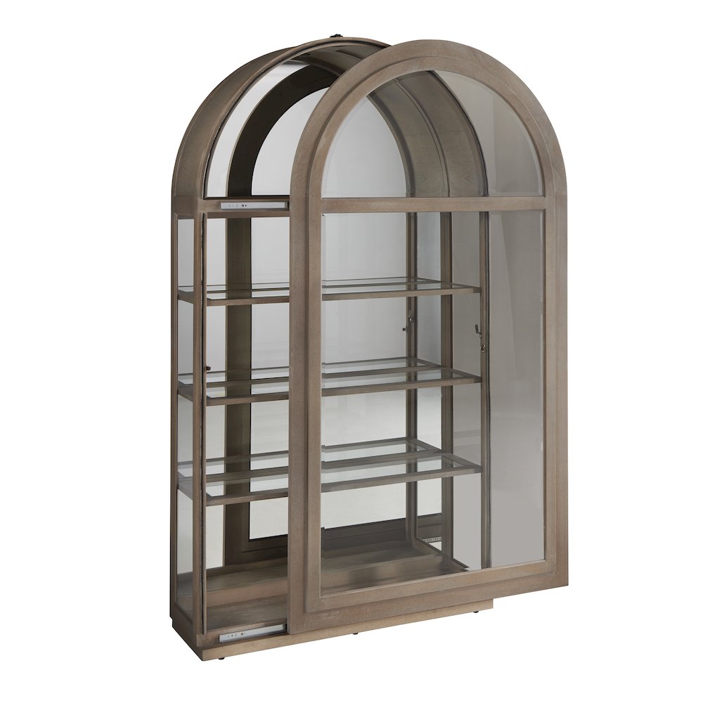 Arch Sliding Door Curio Cabinet, Medium Wood Finish