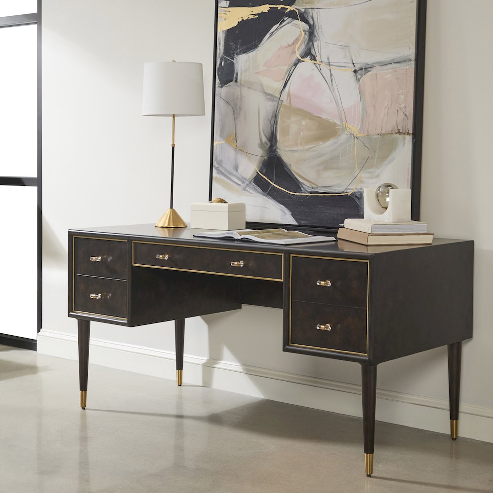 4-Drawer Desk with Charging Port in Chocolate Burl Brown