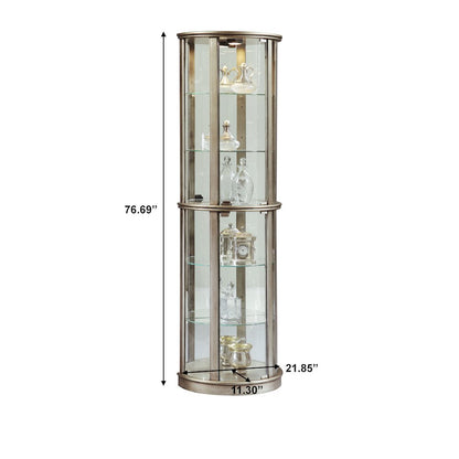 Lighted Half Round 5 Shelf Curio Cabinet in Aged Silver