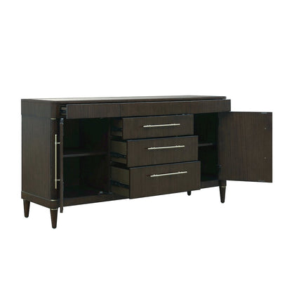 Asher Park Glass Top 2 Door Buffet with Storage Drawers, Piano Brown Finish