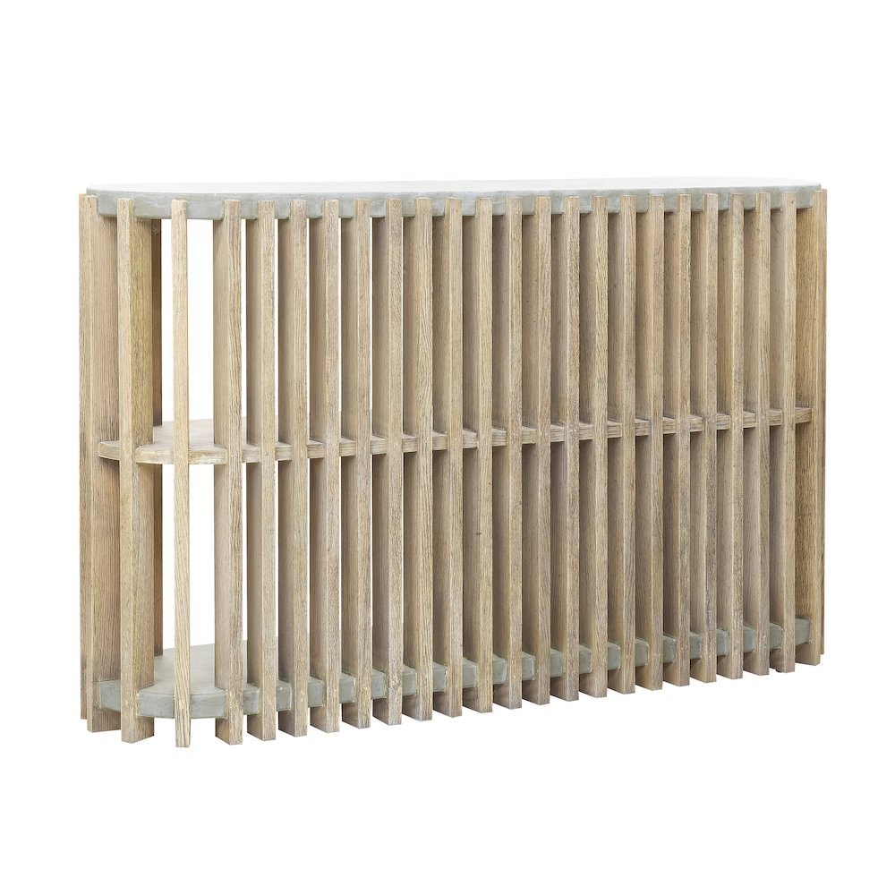 Wood Slat Display Console with Concrete Top