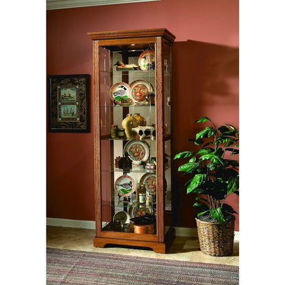 Sliding Door 5 Shelf Curio Cabinet in Golden Oak Brown