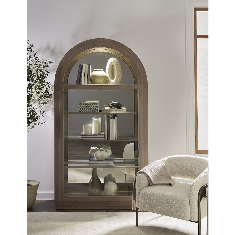 Arch Sliding Door Curio Cabinet, Medium Wood Finish