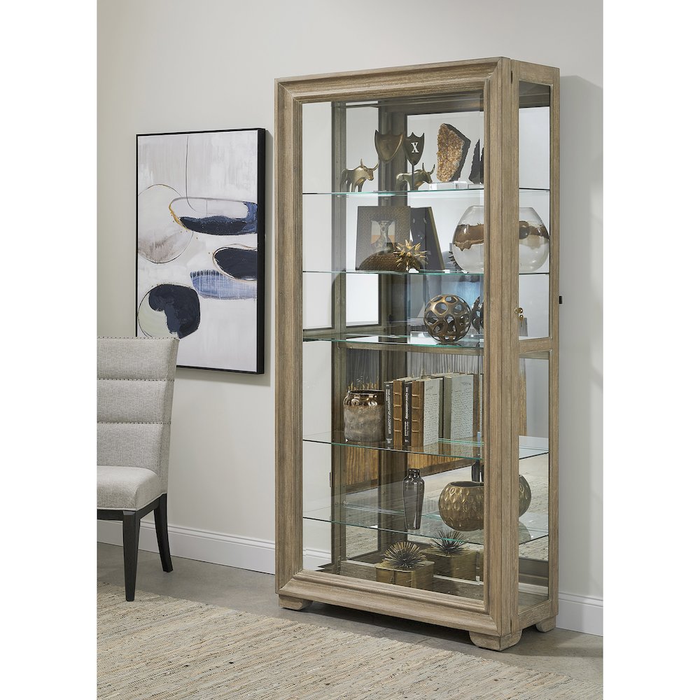 Light Wood Modern 5-Shelf Sliding Door Curio with LED Light