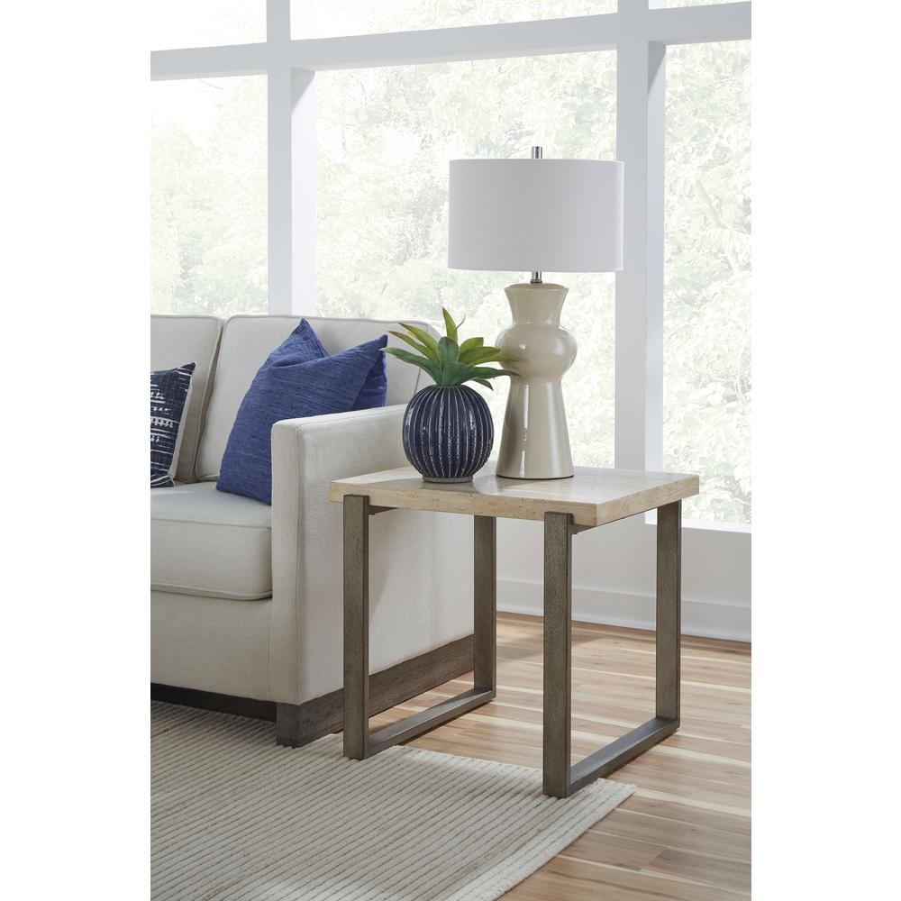 Ariela Natural Travertine End Table with Bronze Metal Base
