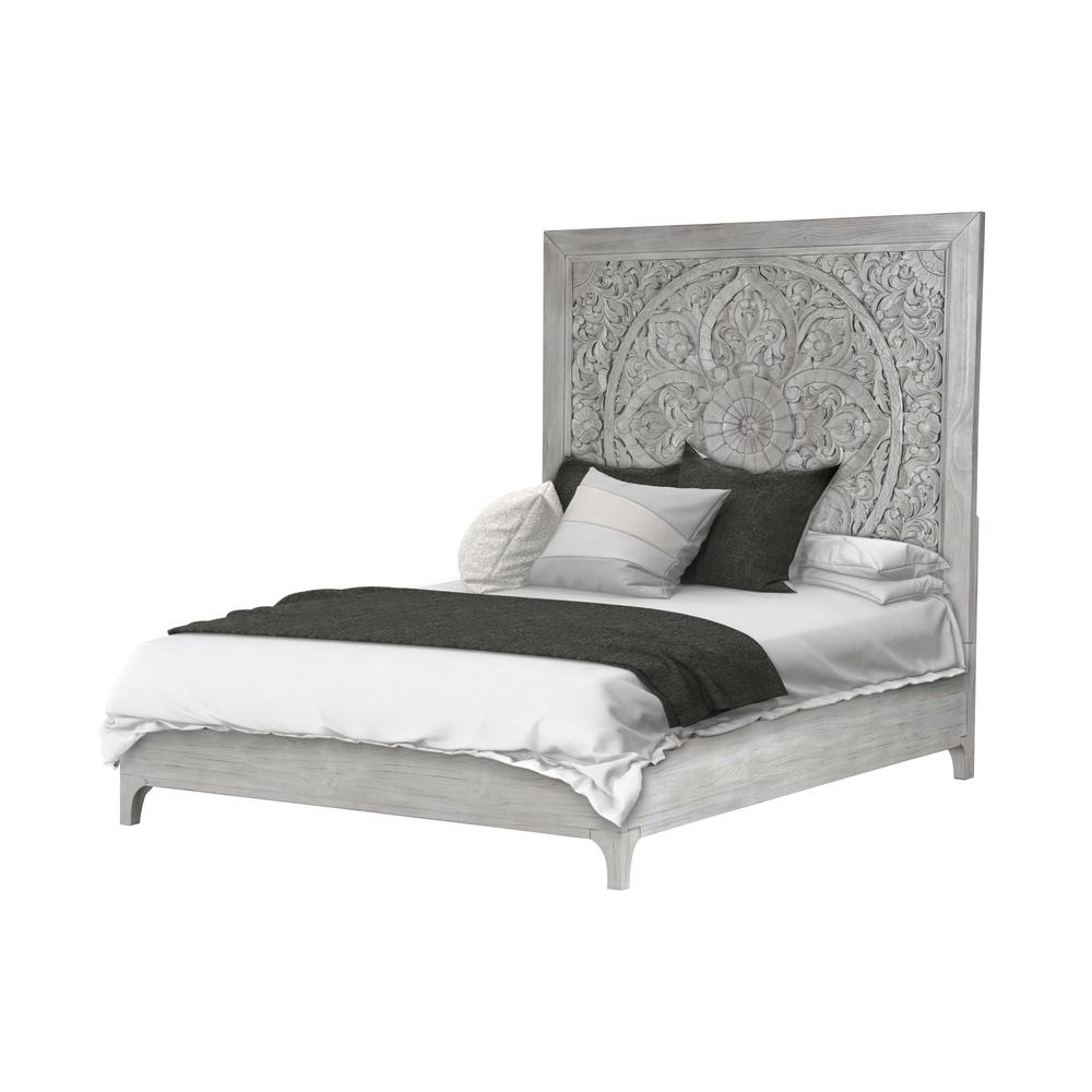 Boho Chic Carved Platform Bed in Washed White