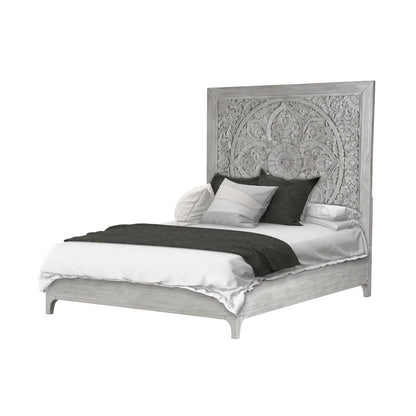 Boho Chic Carved Platform Bed in Washed White