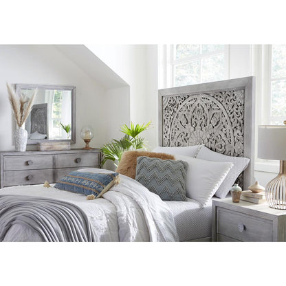 Boho Chic Carved Platform Bed in Washed White