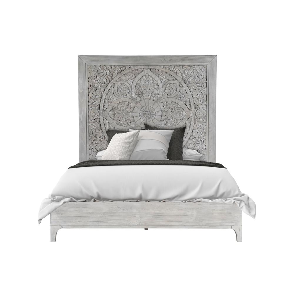 Boho Chic Carved Platform Bed in Washed White