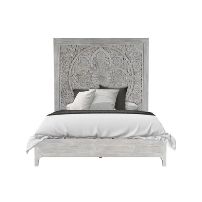 Boho Chic Carved Platform Bed in Washed White
