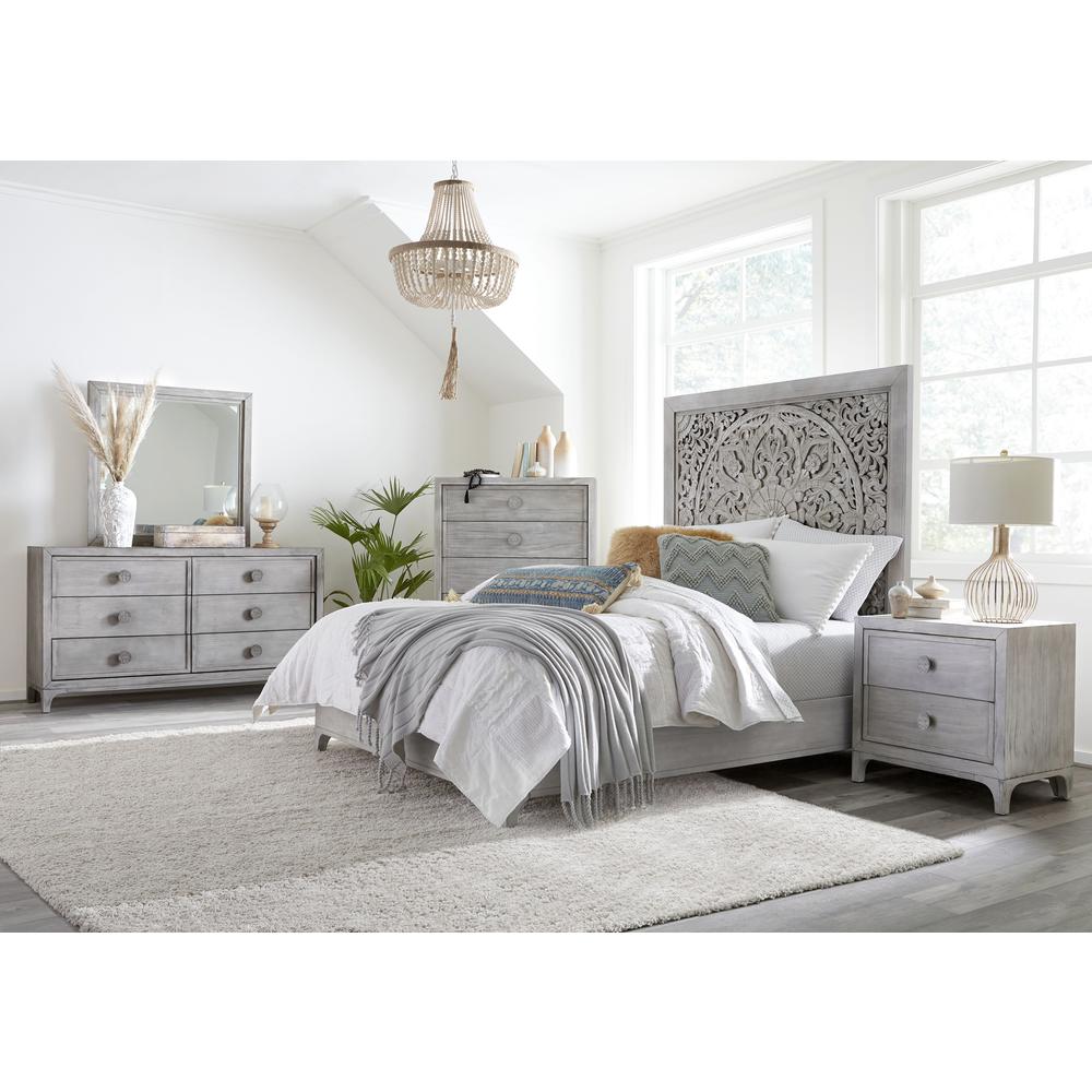 Boho Chic Carved Platform Bed in Washed White