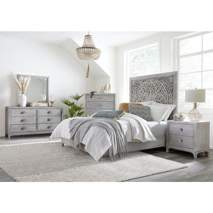 Boho Chic Carved Platform Bed in Washed White
