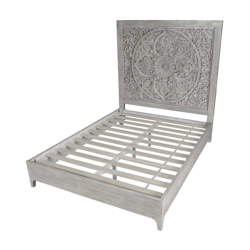 Boho Chic Carved Platform Bed in Washed White
