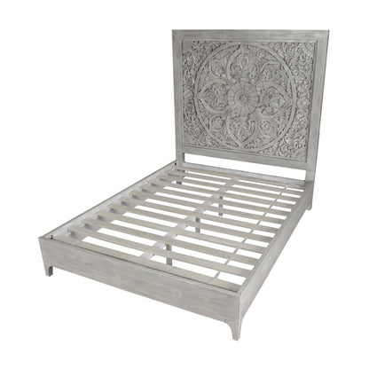 Boho Chic Carved Platform Bed in Washed White