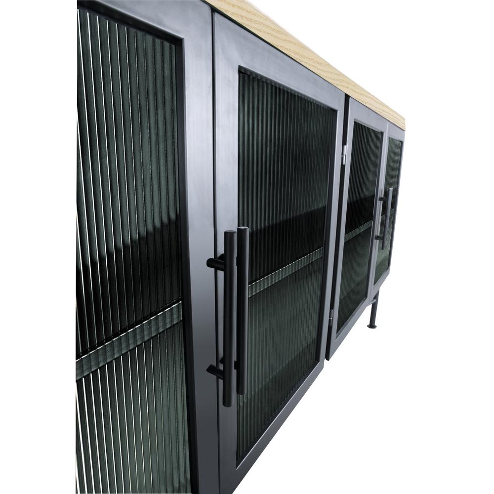 Aere Four Door Ribbed Glass, Metal and Wood Sideboard in Natural Ash and Black