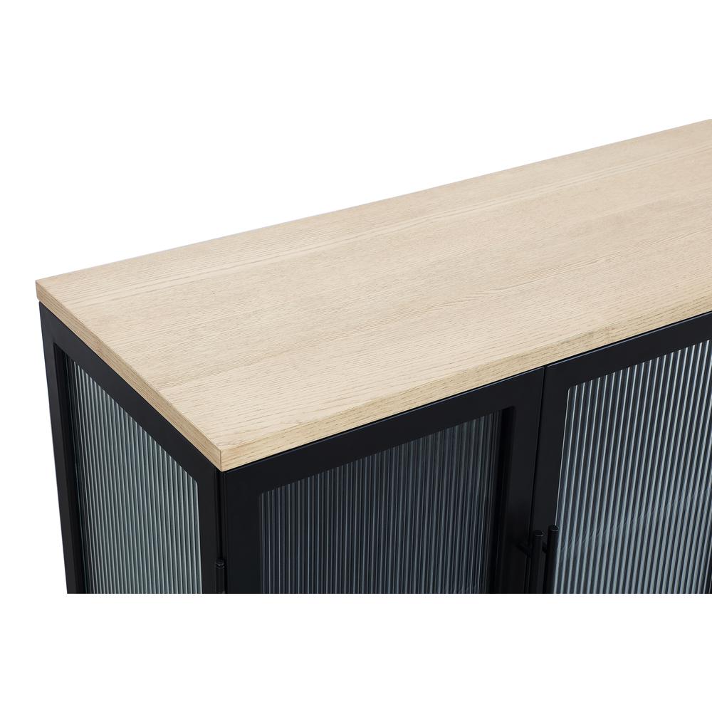 Aere Four Door Ribbed Glass, Metal and Wood Sideboard in Natural Ash and Black